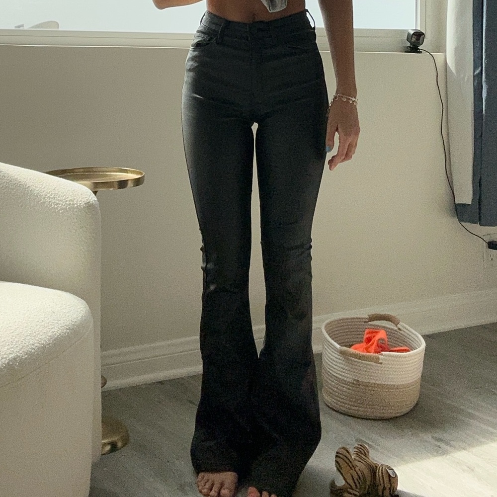 Black faux leather pants flare leg